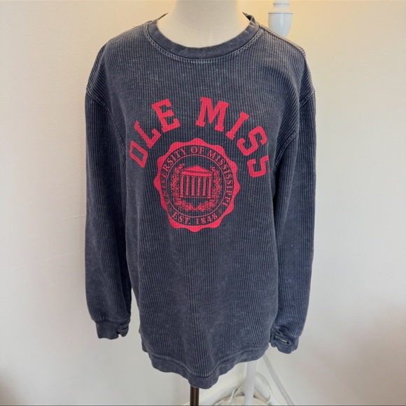 Pressbox Tops - Pressbox Charcoal Corded Sweatshirt with Red Ole Miss Logo